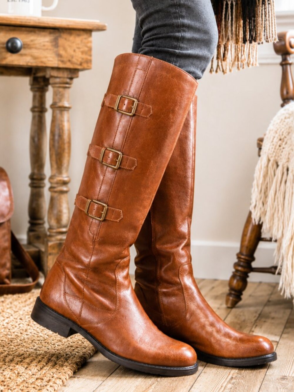 ECCO Tall Riding Boots Womens 39 Brown Leather Buckle Knee High Equestrian Boho
